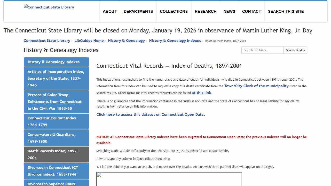 Death Records Index, 1897-2001 - History & Genealogy Indexes - LibGuides Home at Connecticut State Library.