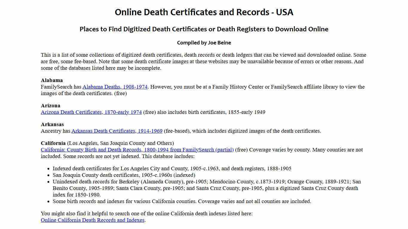 Online Death Certificates and Records - USA